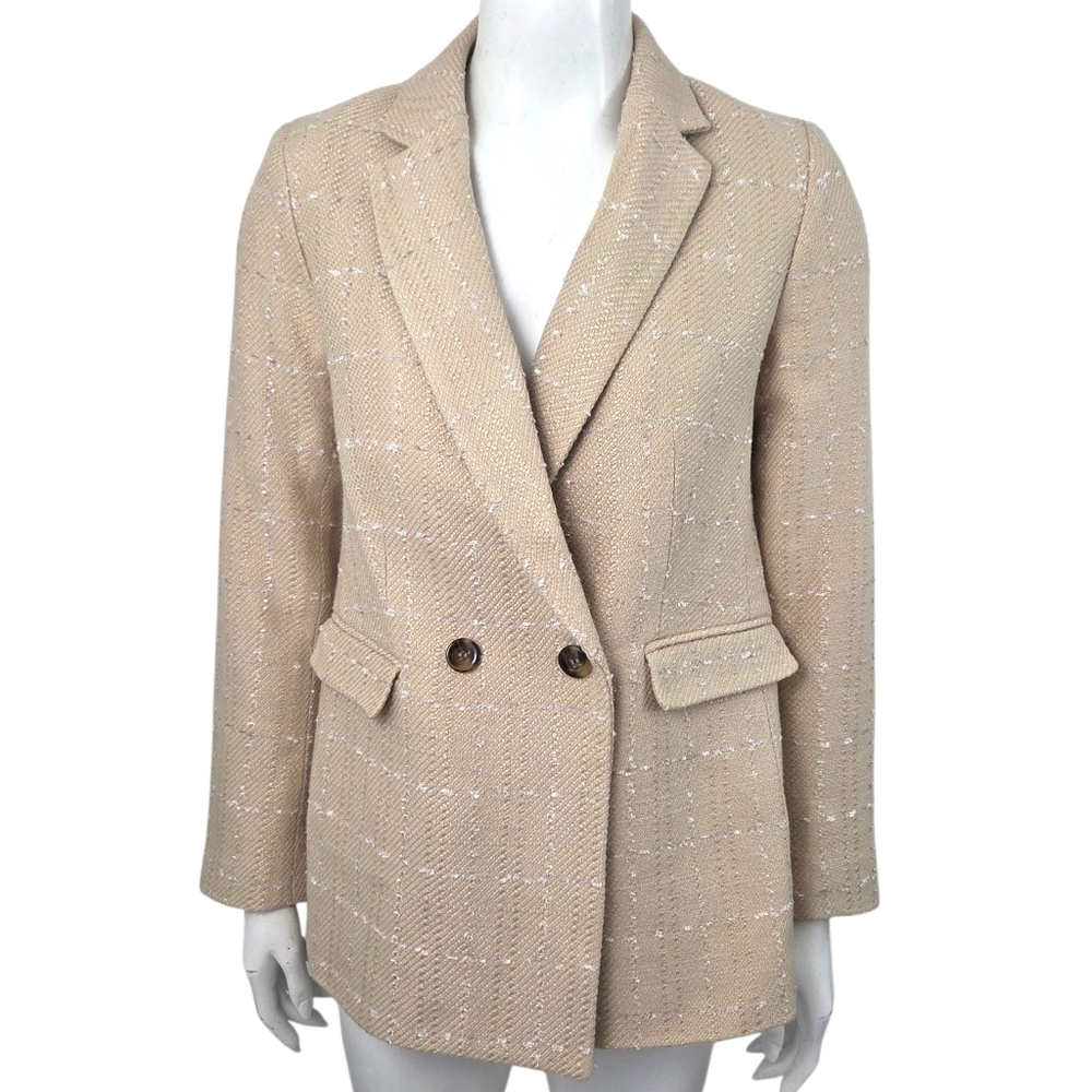 Ann Taylor Tweed Blazer Suit Jacket NEW Double Breasted Womens 4 Beige Tan - Picture 2 of 14